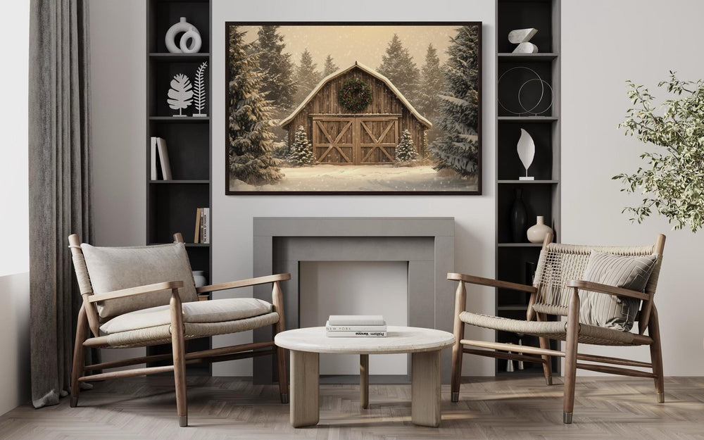 Rustic Barn Christmas Canvas Wall Art Framed Holiday Decor