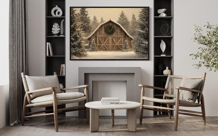 Rustic Barn Christmas Canvas Wall Art Framed Holiday Decor