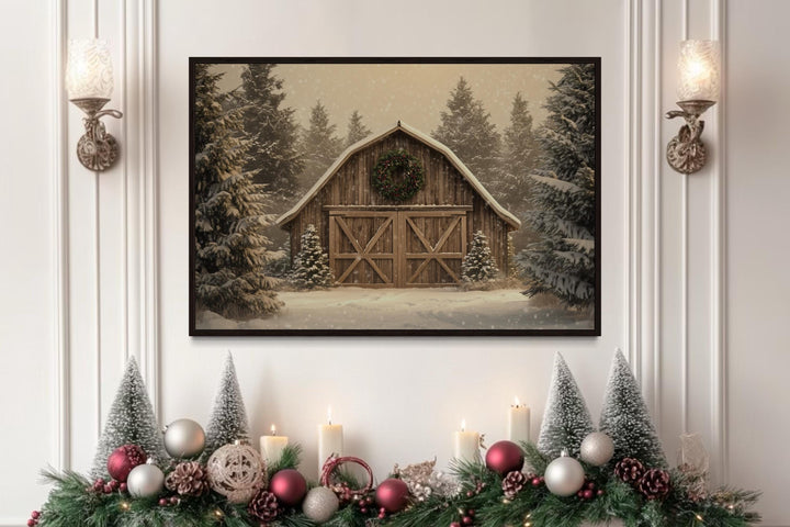 Rustic Barn Christmas Canvas Wall Art Framed Holiday Decor