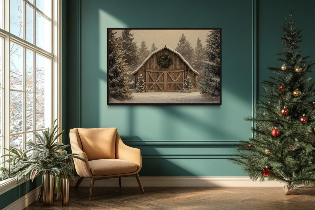 Rustic Barn Christmas Canvas Wall Art Framed Holiday Decor