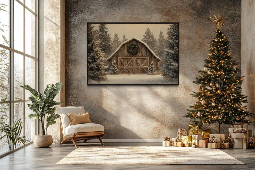 Rustic Barn Christmas Canvas Wall Art Framed Holiday Decor