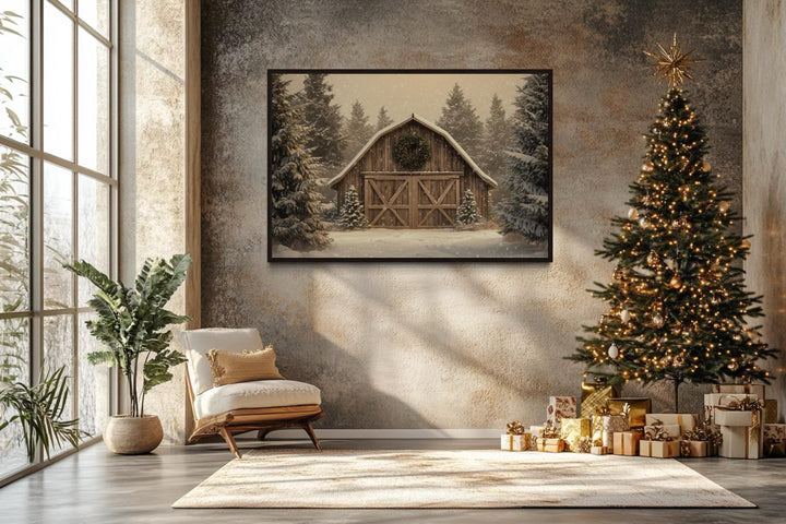 Rustic Barn Christmas Canvas Wall Art Framed Holiday Decor