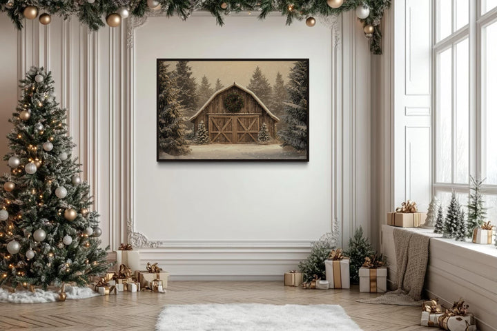 Rustic Barn Christmas Canvas Wall Art Framed Holiday Decor