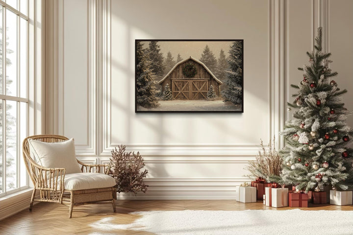 Rustic Barn Christmas Canvas Wall Art Framed Holiday Decor