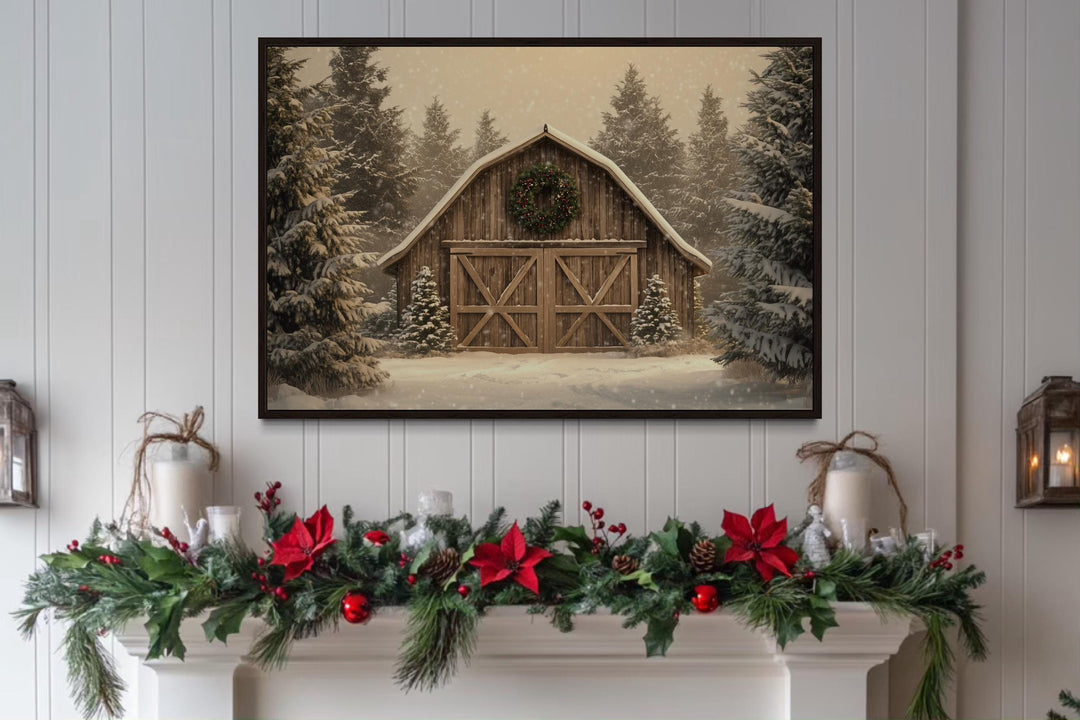 Rustic Barn Christmas Canvas Wall Art Framed Holiday Decor