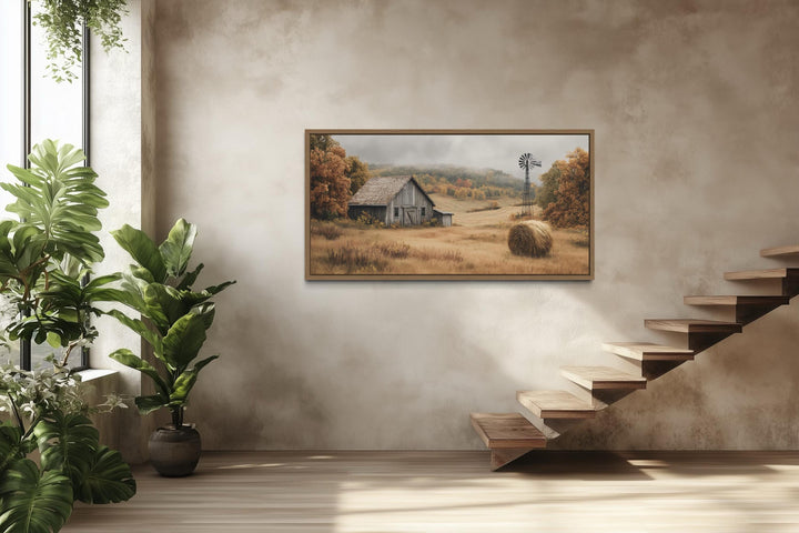 Rustic Barn, Hay Bale, and Windmill in Fall Landscape Canvas Wall Art