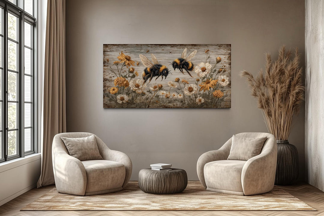 Rustic Bees and Wildflowers Canvas Wall Art