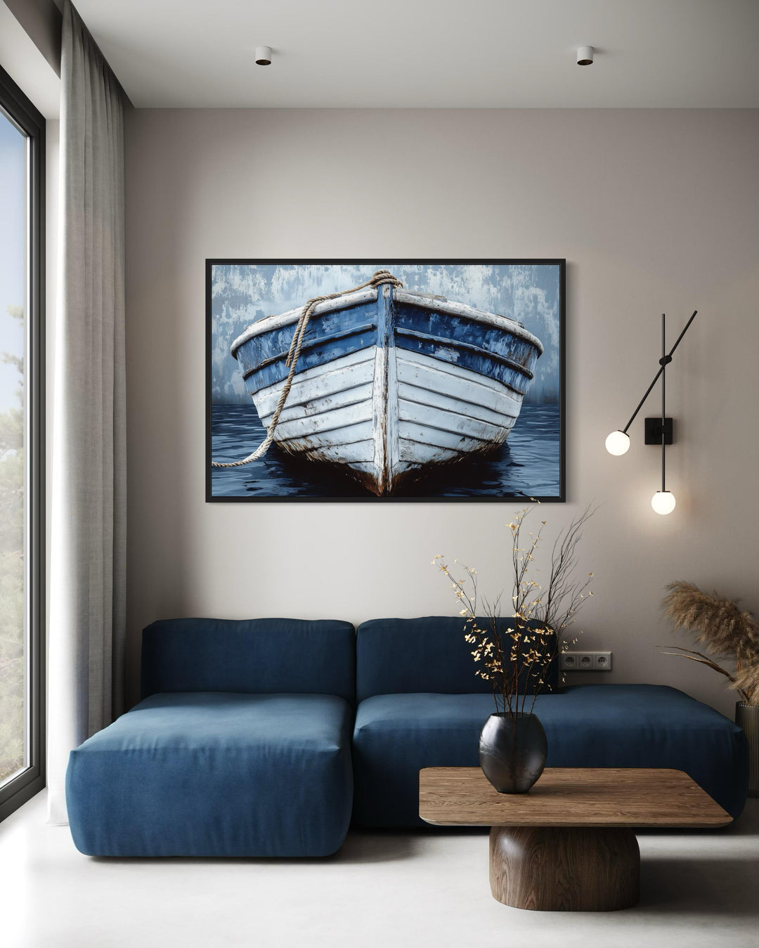 Rustic Boat Front View Blue And White Distressed Coastal Wall Art