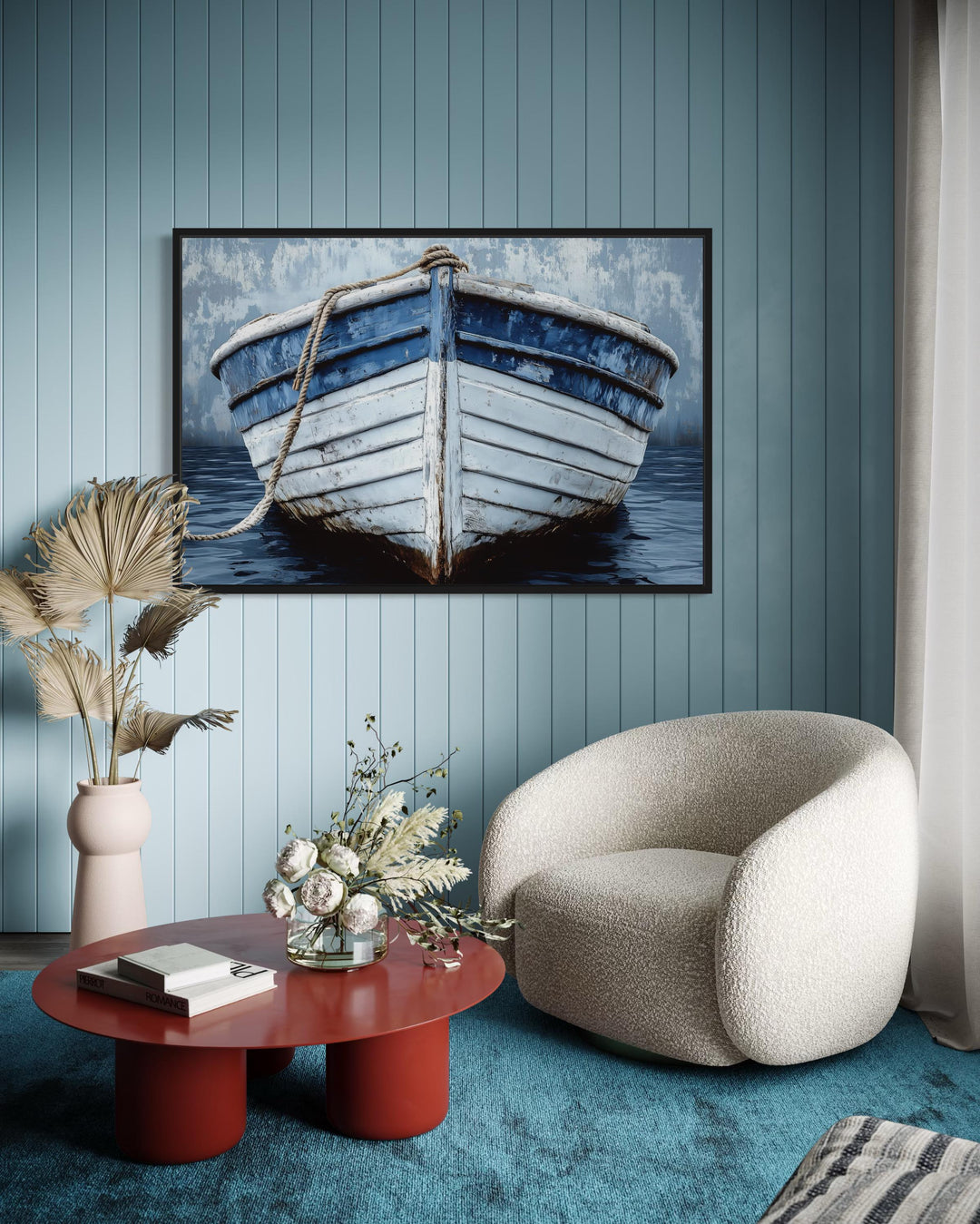 Rustic Boat Front View Blue And White Distressed Coastal Wall Art