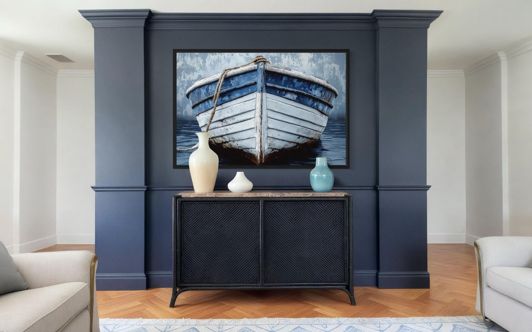 Rustic Boat Front View Blue And White Distressed Coastal Wall Art