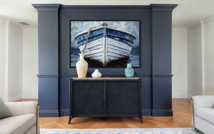 Rustic Boat Front View Blue And White Distressed Coastal Wall Art