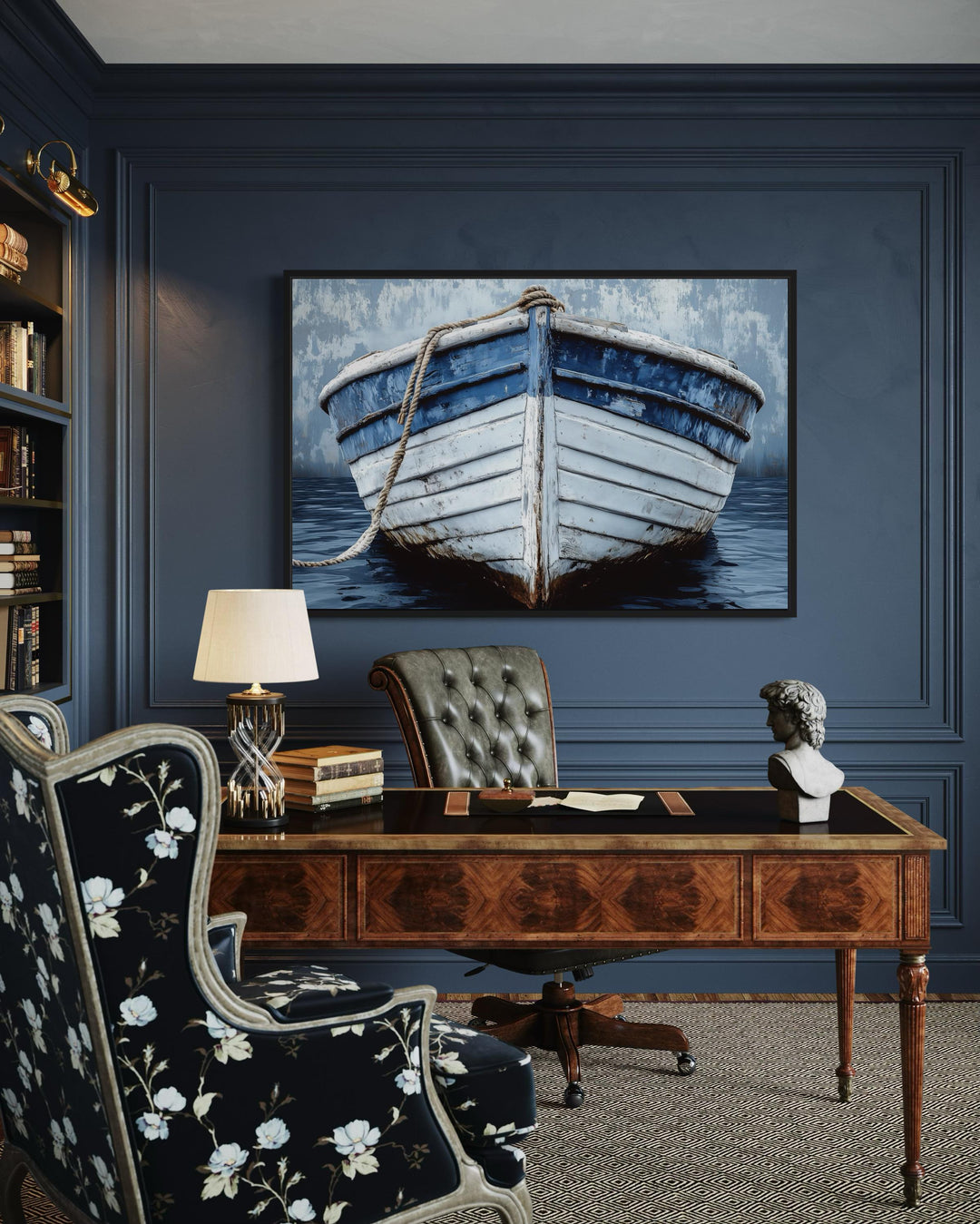 Rustic Boat Front View Blue And White Distressed Coastal Wall Art