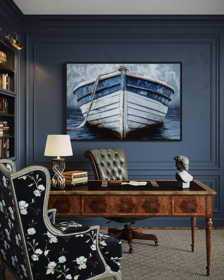 Rustic Boat Front View Blue And White Distressed Coastal Wall Art