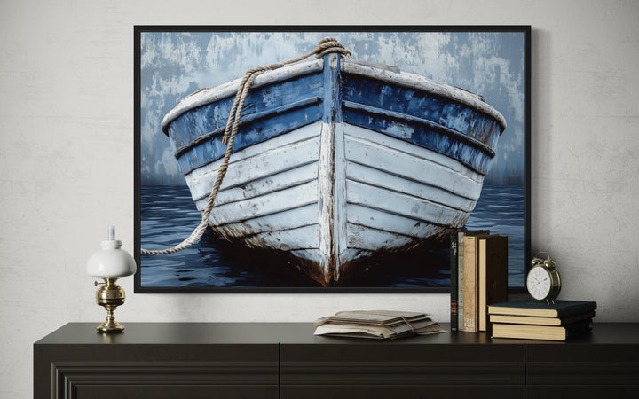 Rustic Boat Front View Blue And White Distressed Coastal Wall Art