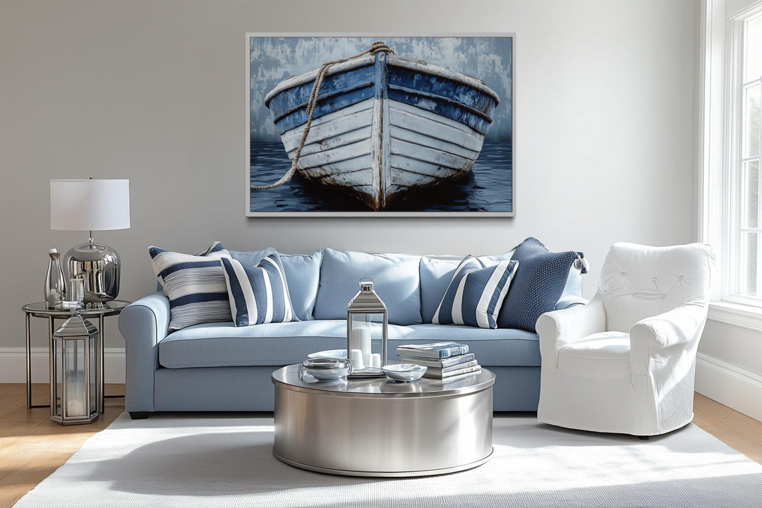 Rustic Boat Front View Blue And White Distressed Coastal Wall Art