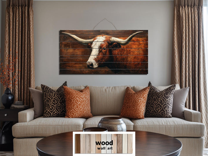 Rustic Brown Longhorn Distressed Wood Wall Art