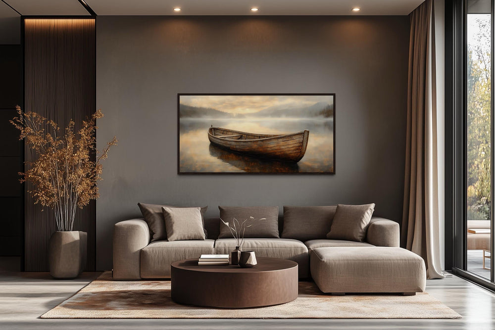 Rustic Brown Wooden Boat In The Lake Framed Canvas Wall Art