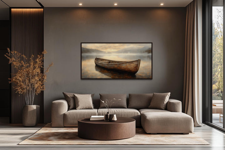Rustic Brown Wooden Boat In The Lake Framed Canvas Wall Art