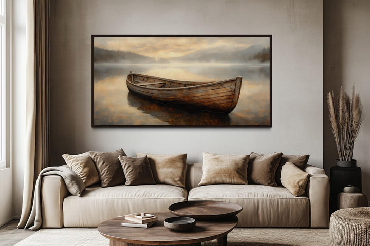 Rustic Brown Wooden Boat In The Lake Framed Canvas Wall Art