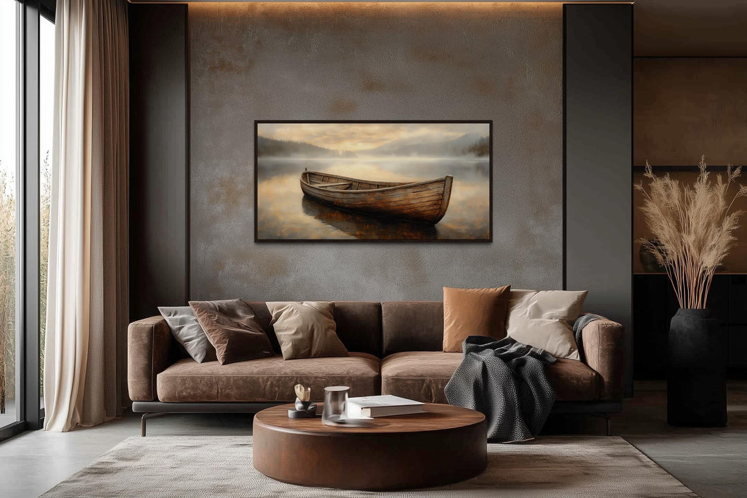 Rustic Brown Wooden Boat In The Lake Framed Canvas Wall Art