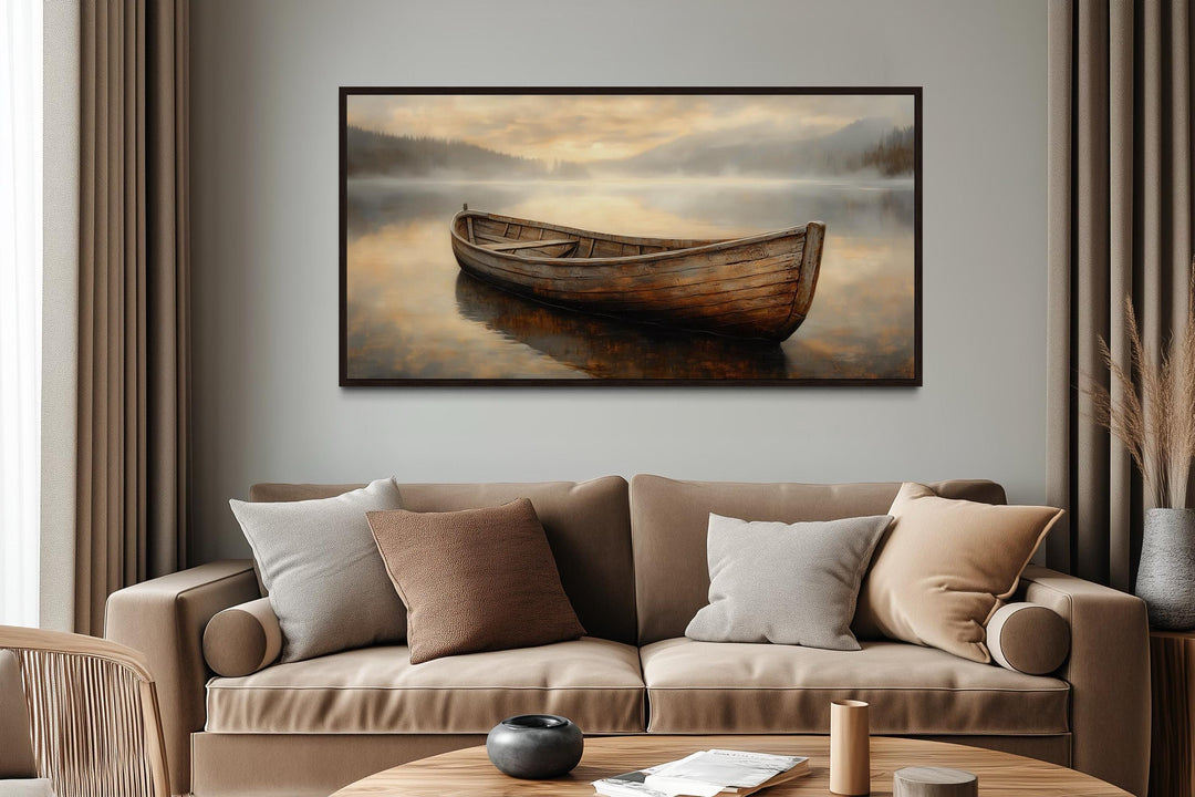 Rustic Brown Wooden Boat In The Lake Framed Canvas Wall Art