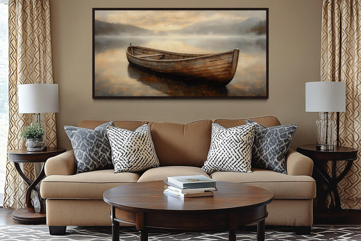 Rustic Brown Wooden Boat In The Lake Framed Canvas Wall Art