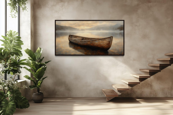 Rustic Brown Wooden Boat In The Lake Framed Canvas Wall Art