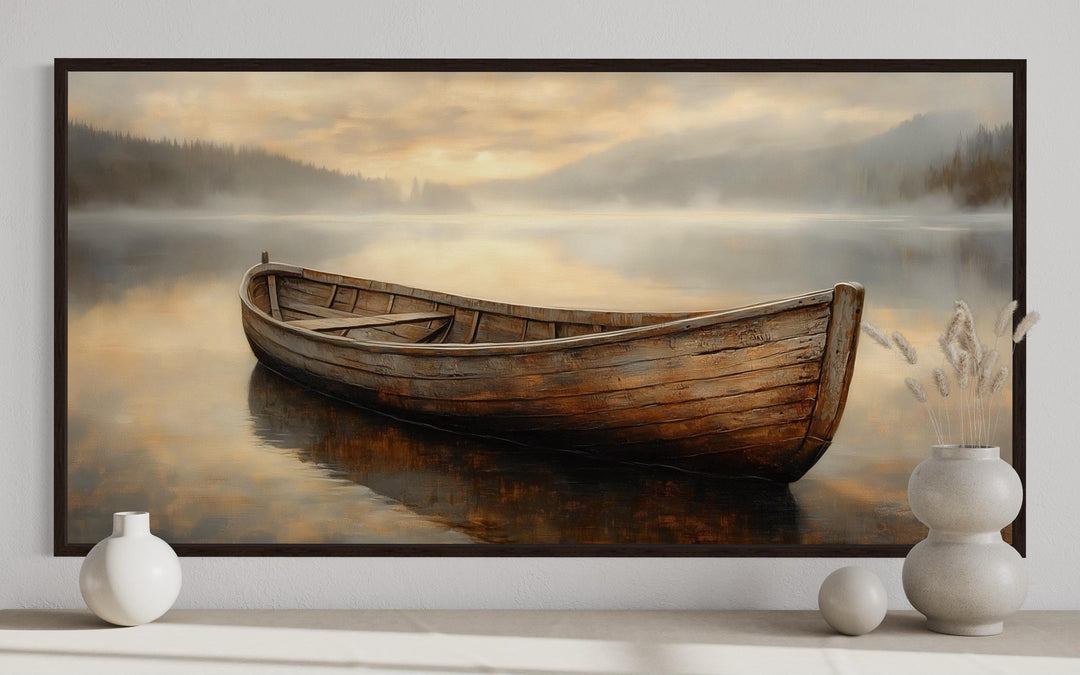 Rustic Brown Wooden Boat In The Lake Framed Canvas Wall Art