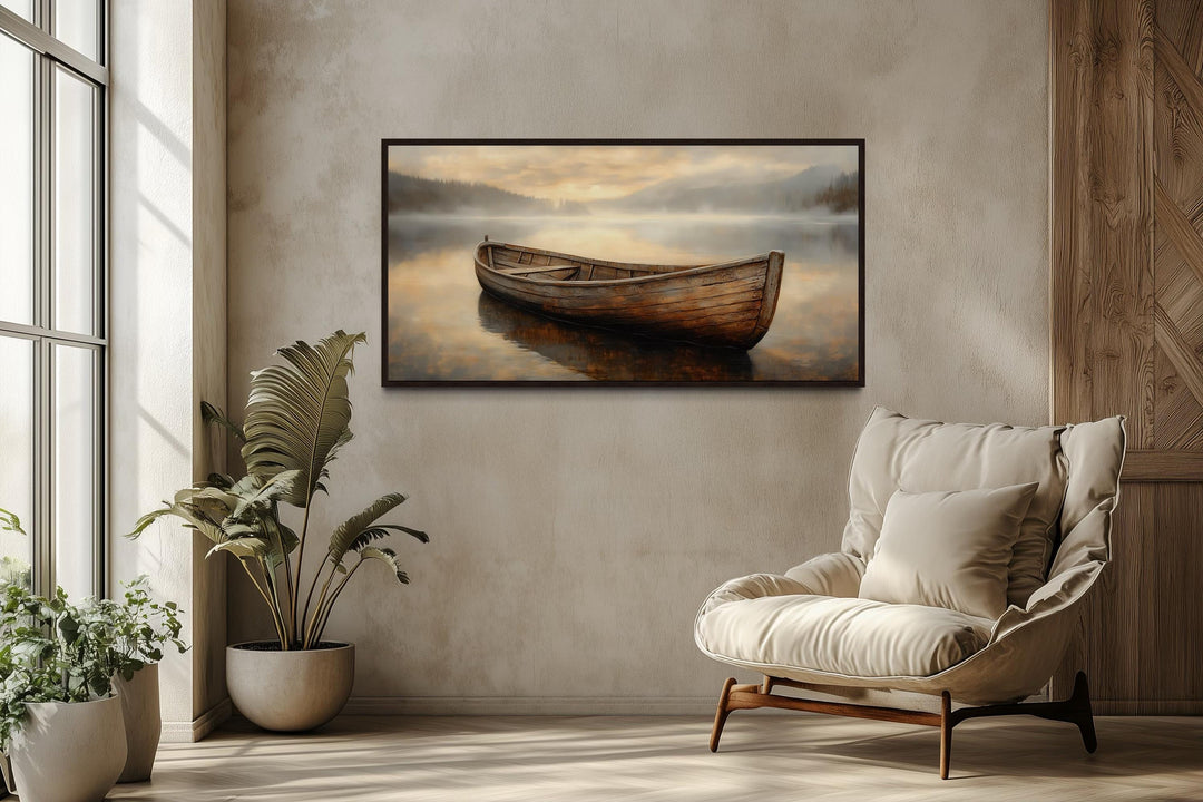 Rustic Brown Wooden Boat In The Lake Framed Canvas Wall Art