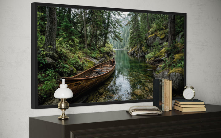 Rustic Canoe In Forest River Canvas Wall Art