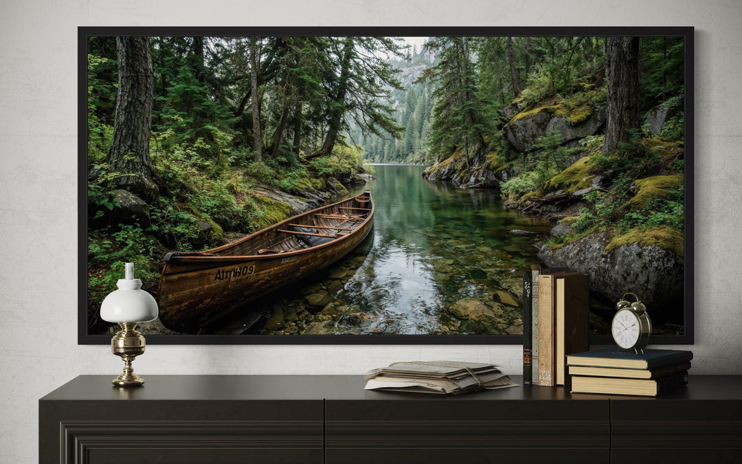 Rustic Canoe In Forest River Canvas Wall Art