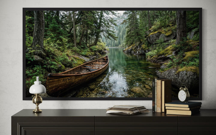 Rustic Canoe In Forest River Canvas Wall Art