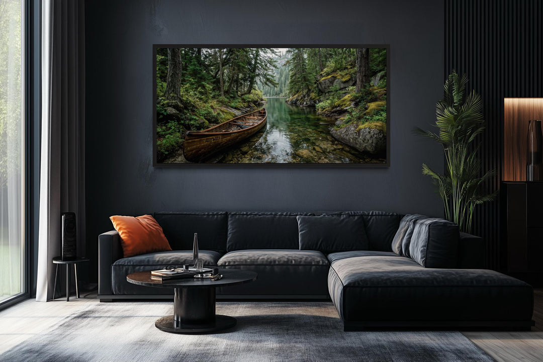 Rustic Canoe In Forest River Canvas Wall Art