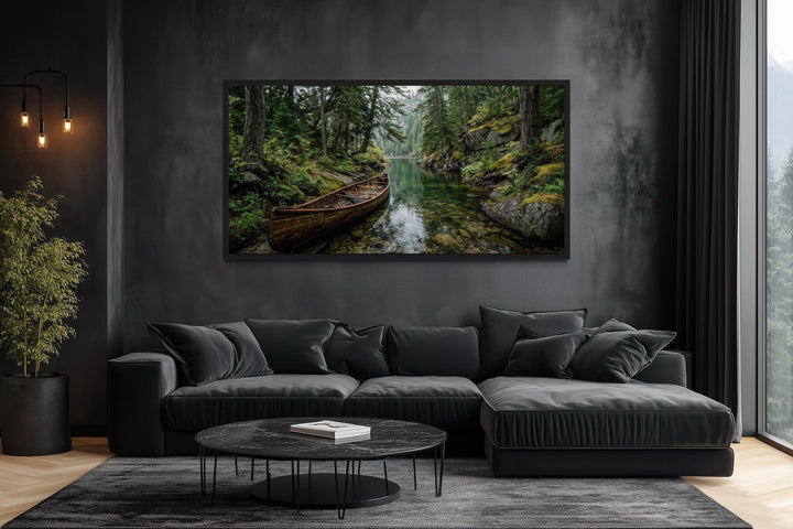 Rustic Canoe In Forest River Canvas Wall Art