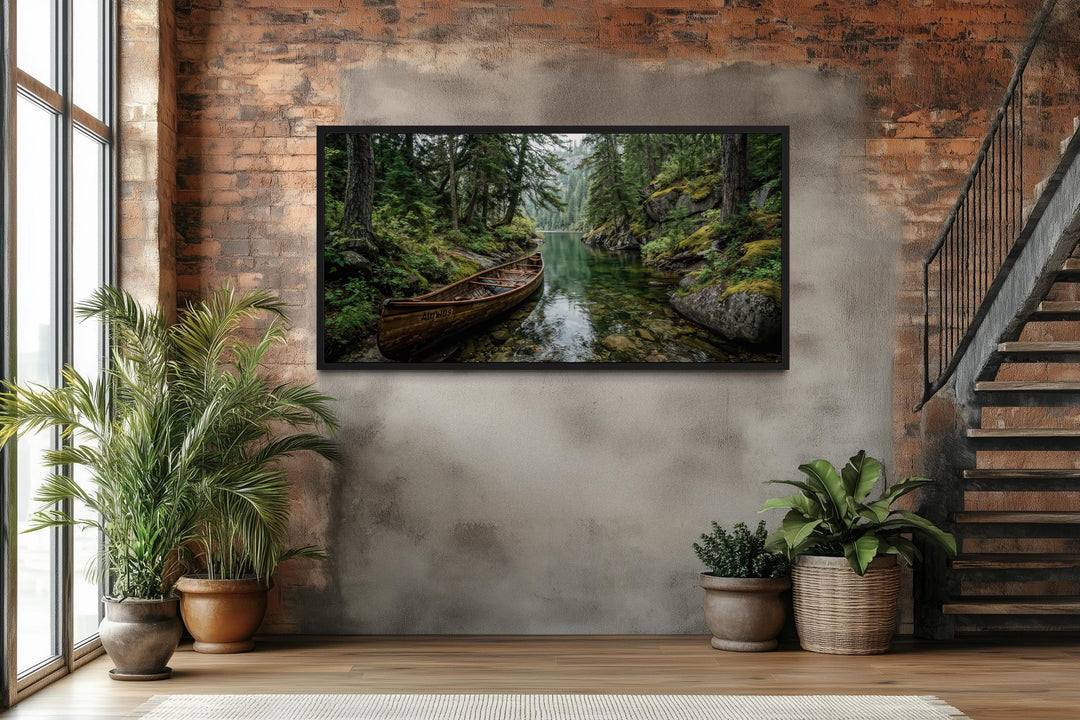 Rustic Canoe In Forest River Canvas Wall Art