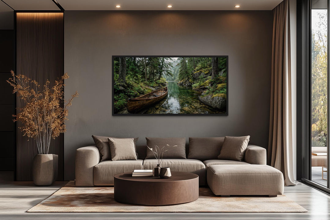 Rustic Canoe In Forest River Canvas Wall Art
