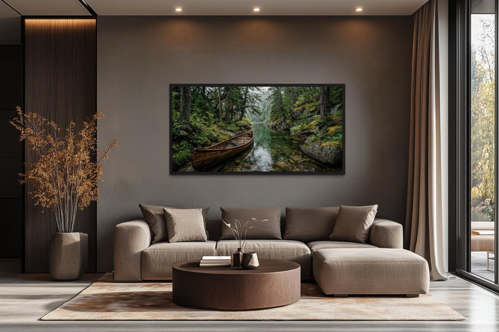 Rustic Canoe In Forest River Canvas Wall Art
