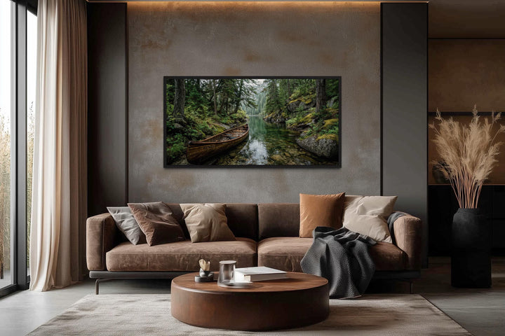 Rustic Canoe In Forest River Canvas Wall Art