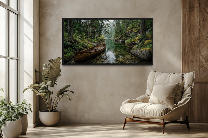 Rustic Canoe In Forest River Canvas Wall Art