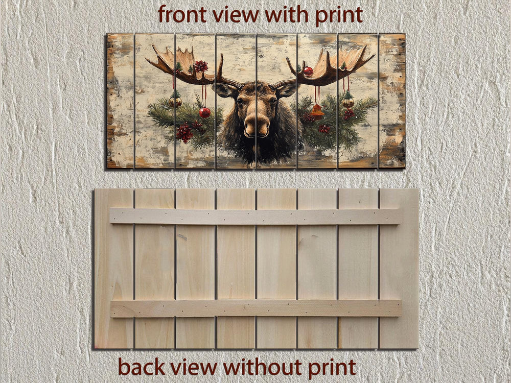 Rustic Christmas Moose With Ornaments Distressed Wood Wall Art