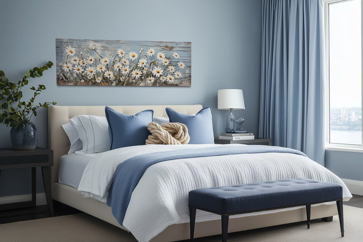Rustic Daisies Painted on Wood Long Horizontal Wall Art