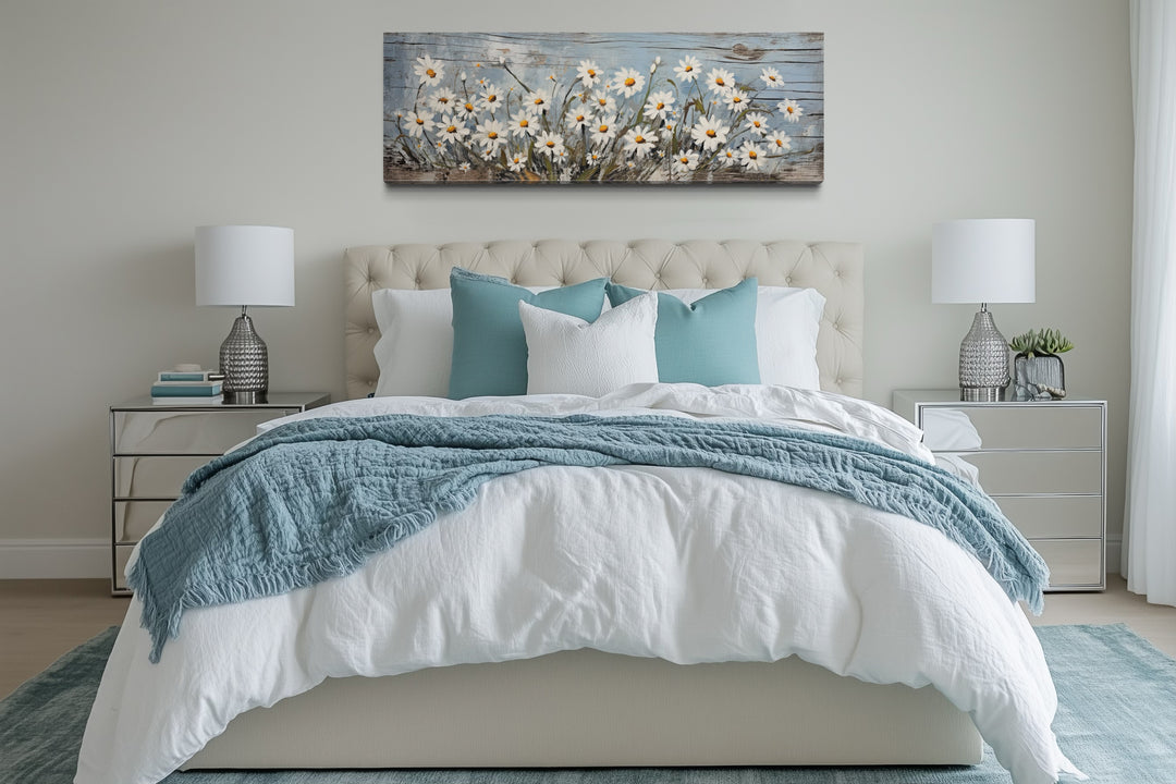 Rustic Daisies Painted on Wood Long Horizontal Wall Art
