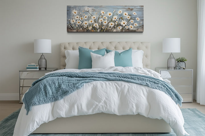 Rustic Daisies Painted on Wood Long Horizontal Wall Art