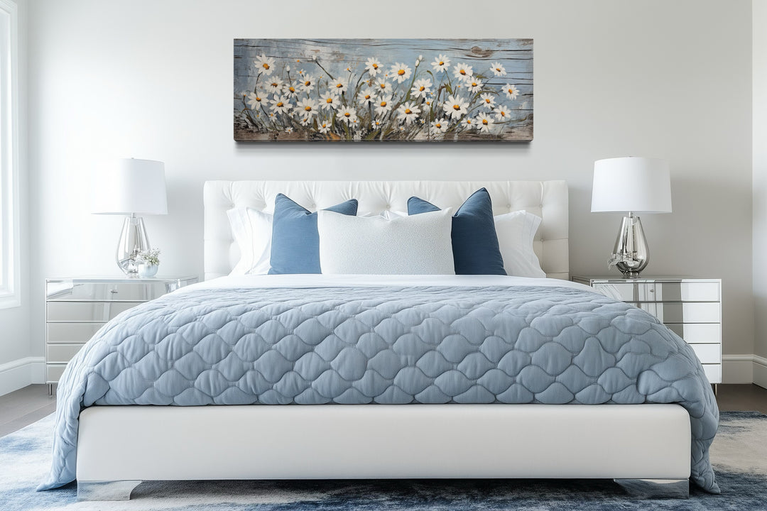 Rustic Daisies Painted on Wood Long Horizontal Wall Art