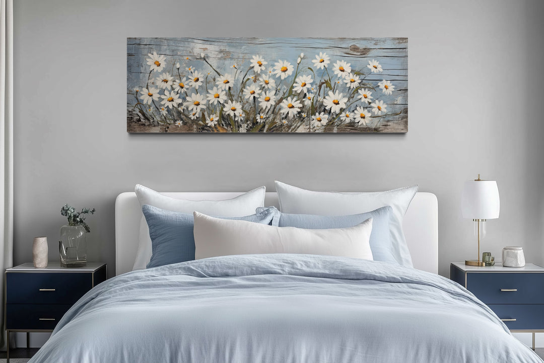 Rustic Daisies Painted on Wood Long Horizontal Wall Art