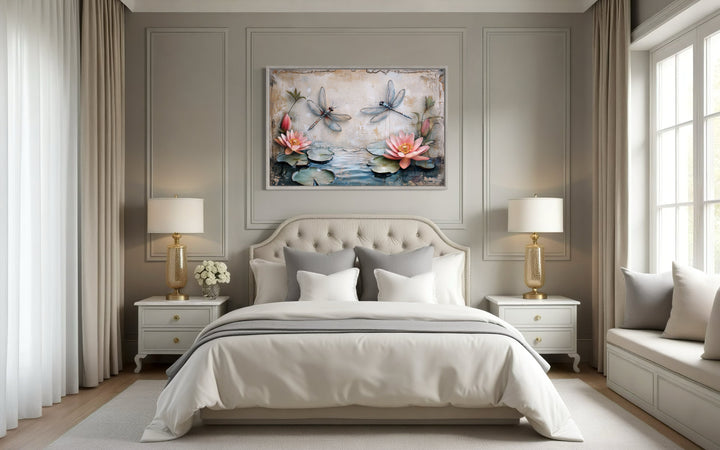 Rustic Dragonflies On The Pond With Water Lilies Painting Framed Canvas Wall Art