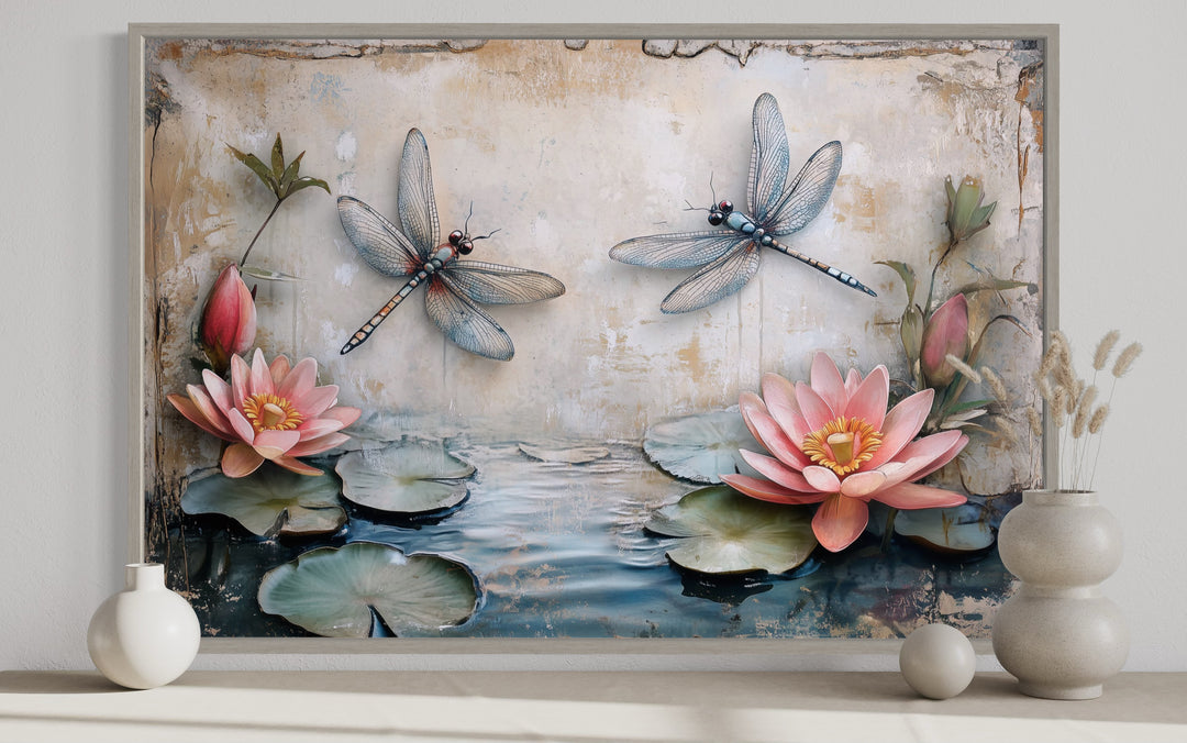 Rustic Dragonflies On The Pond With Water Lilies Painting Framed Canvas Wall Art