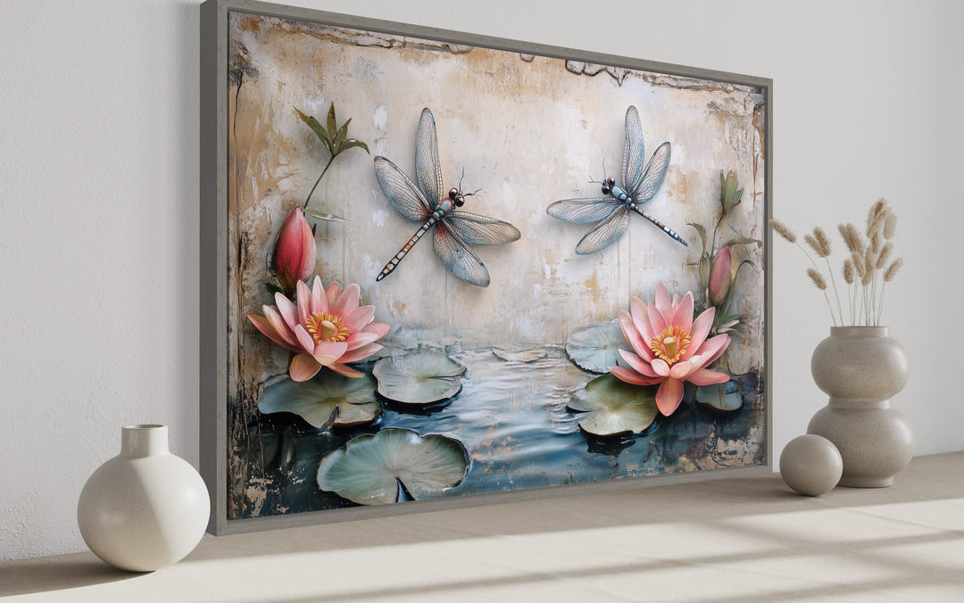 Rustic Dragonflies On The Pond With Water Lilies Painting Framed Canvas Wall Art