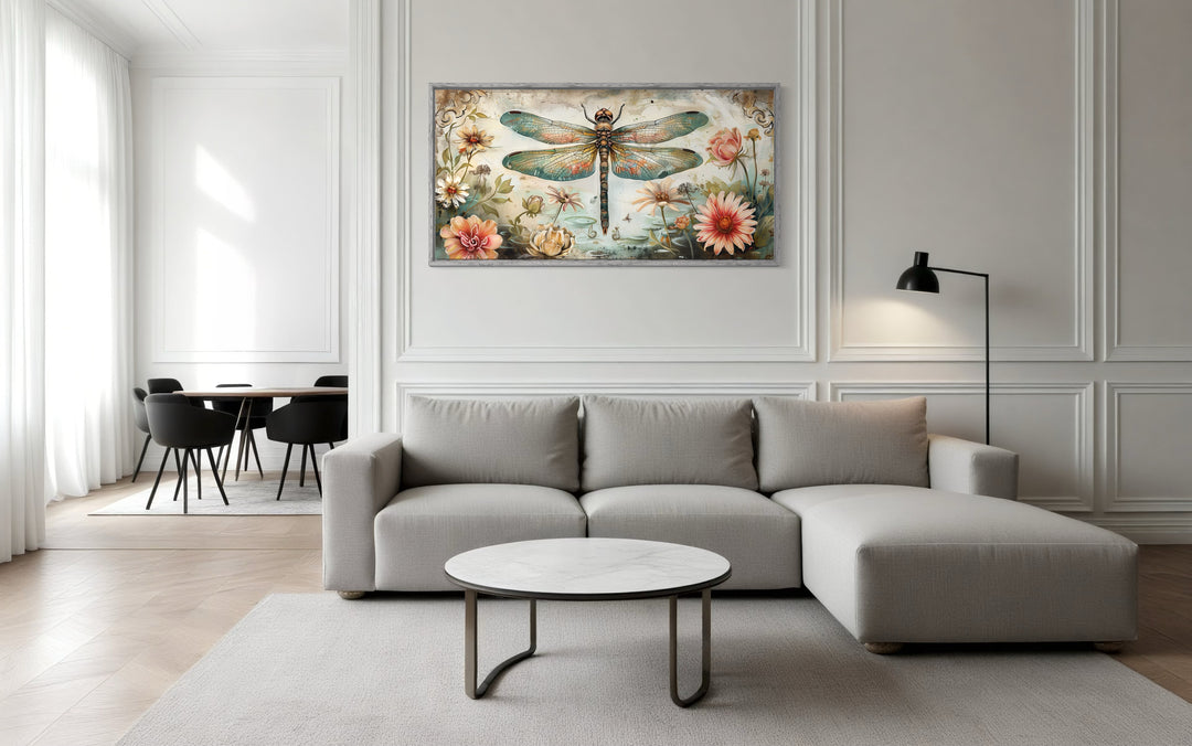 Rustic Dragonfly Illustration With Flowers Framed Canvas Wall Art