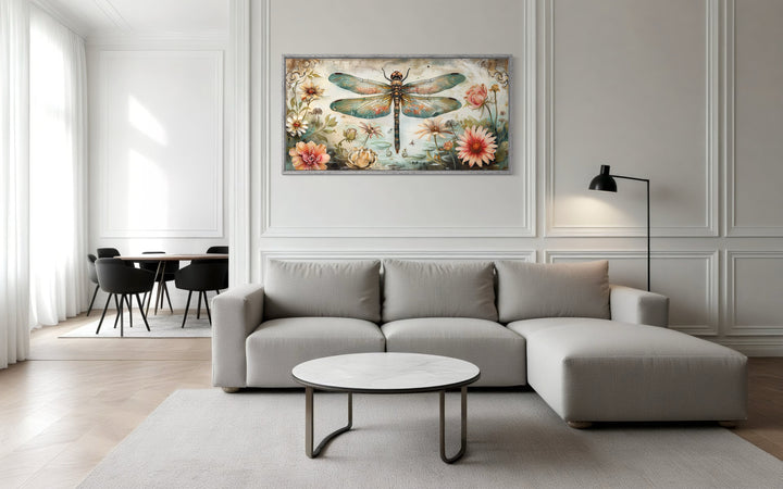 Rustic Dragonfly Illustration With Flowers Framed Canvas Wall Art